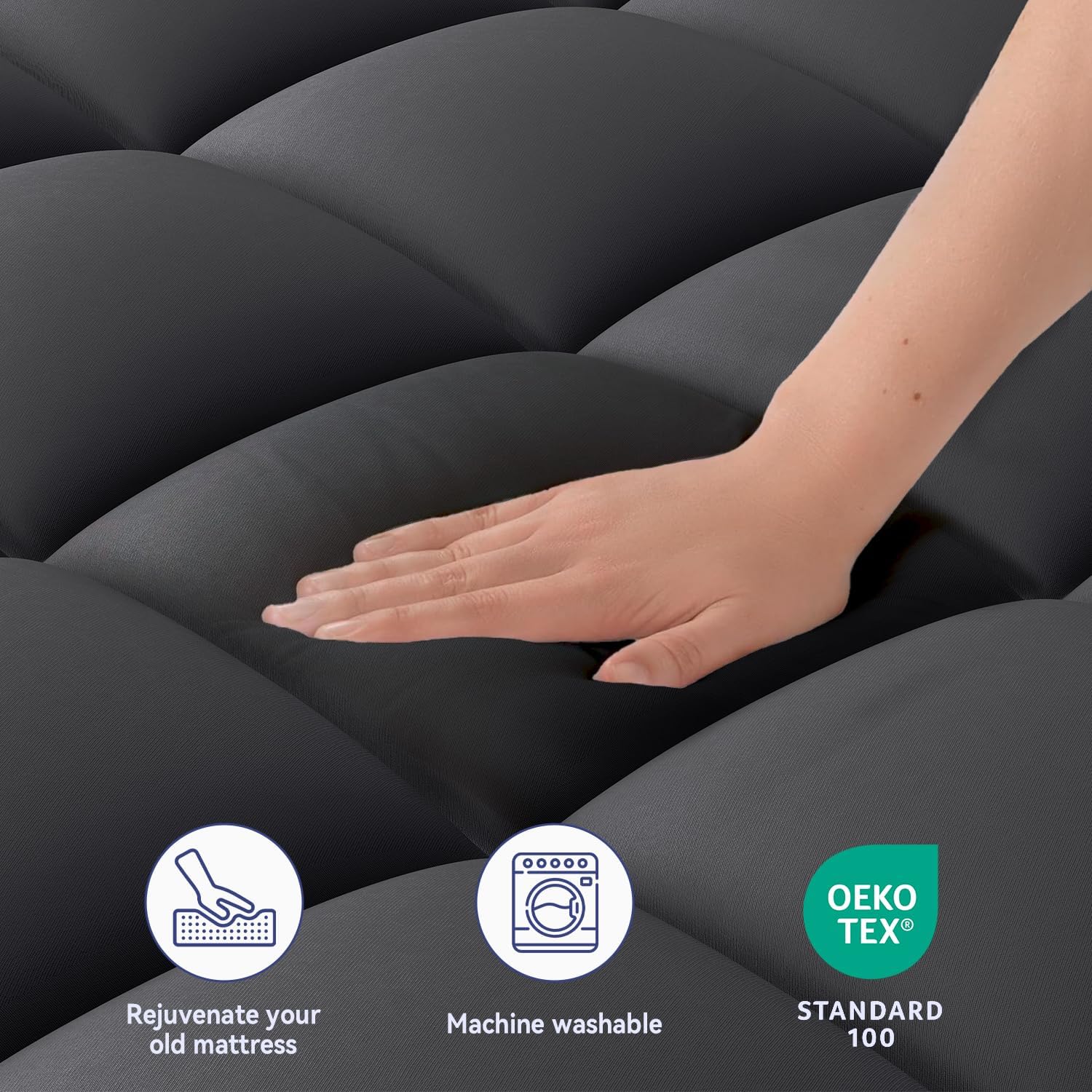 ELEMUSE RV Short Queen Black Mattress Topper for Back Pain, Extra Thick Mattress Pad Cover, Plush Soft Pillowtop with Elastic Deep Pocket, Overfilled Down Alternative Filling