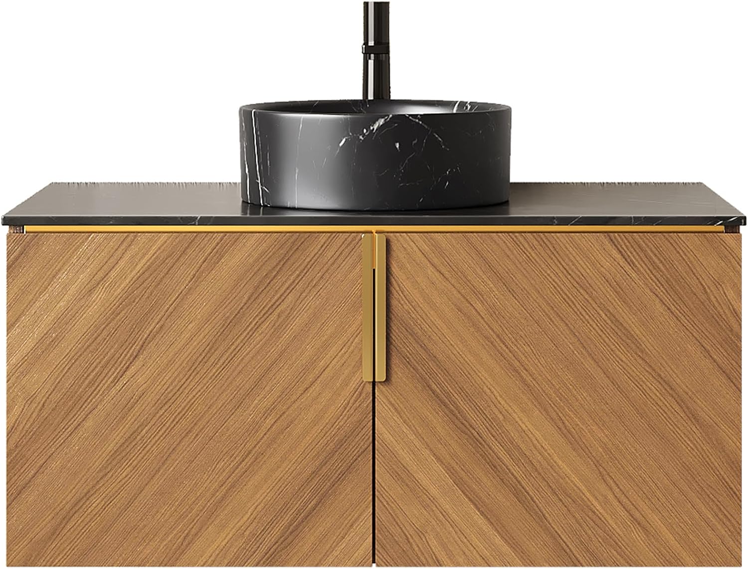 36 Inch Bathroom Vanity with Sink Combo, Floating Vanity Bathroom with Vessel Sink, Modern Bathroom Vanity Cabinet with Doors, Sintered Stone Countertop and Black Round Basin,Brown Oak