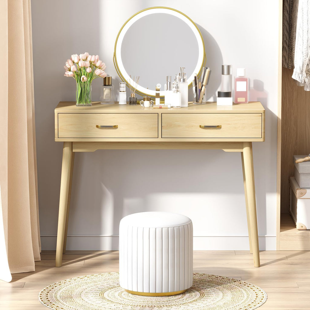 FUNKOCO Small Wood Desk with Drawers - 40 Inch Home Office Study Writing Desk for Bedroom, Vanity Desk with 4 Solid Legs, Modern Computer Desk for Small Spaces