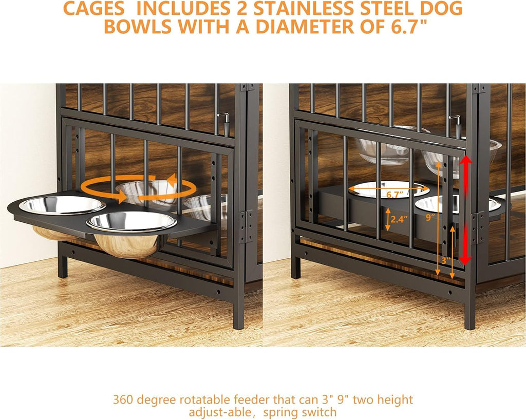 ROOMTEC Dog Crate Furniture-Style Cages for Small Dogs Indoor Heavy Duty Super Sturdy Dog Kennels with 2 Stainless Steel Bowls (32Inch = Int.dims: 30.7' W x 20' D x 20' H)