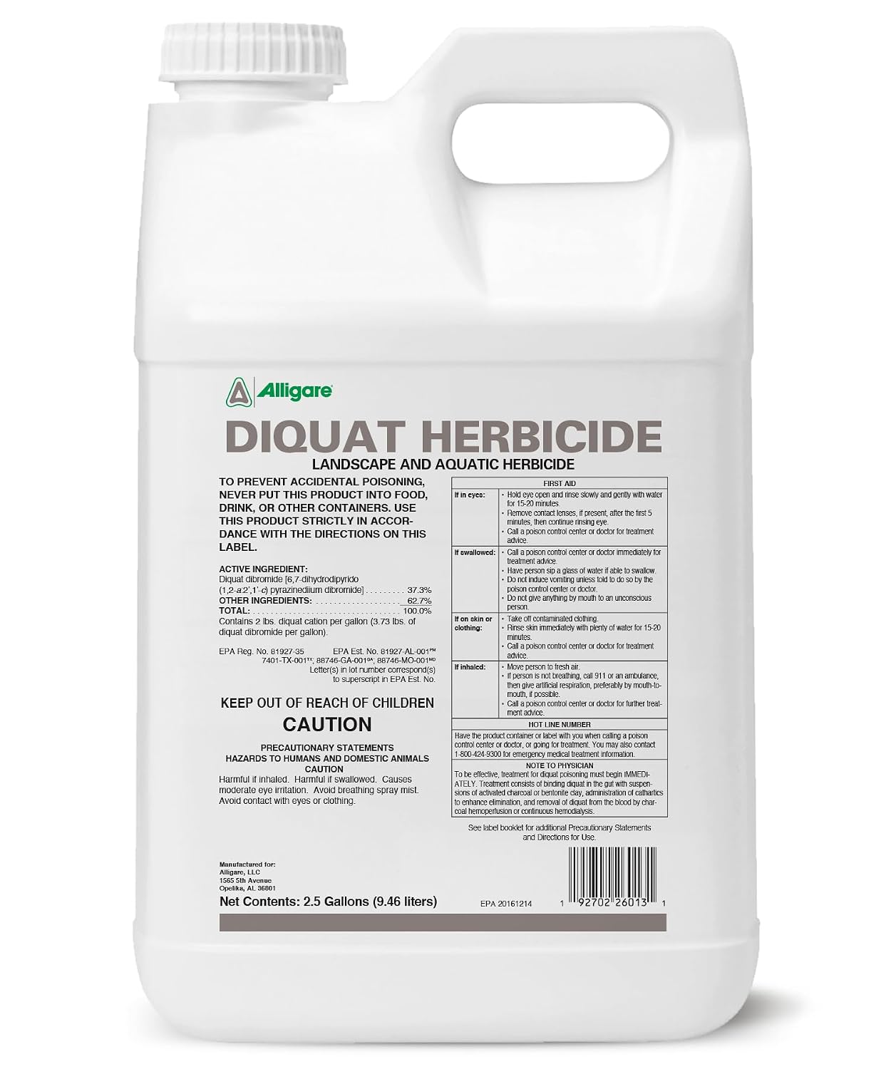 Alligare Diquat Aquatic Herbicide to Control Bluegrass, Duckweed, Hydrilla & More - Glyphosate Alternative, Fast-Acting Non-Selective Liquid Weed Killer for Aquatic & Landscape Use - 2.5 Gallon