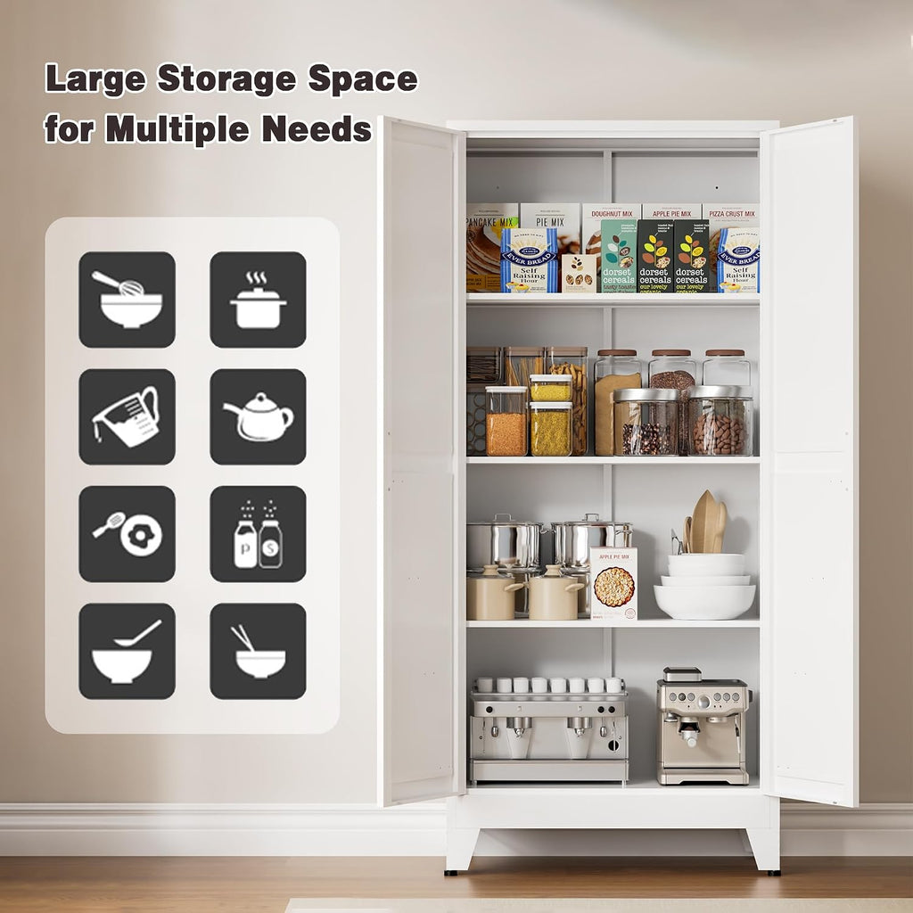61' Tall Metal Pantry Cabinet, Kitchen Storage Cabinet with 2 Doors and 3 Adjustable Shelves for Kitchen, Living Room, Dining Room, Bathroom and Home, Office (White, 1PC)