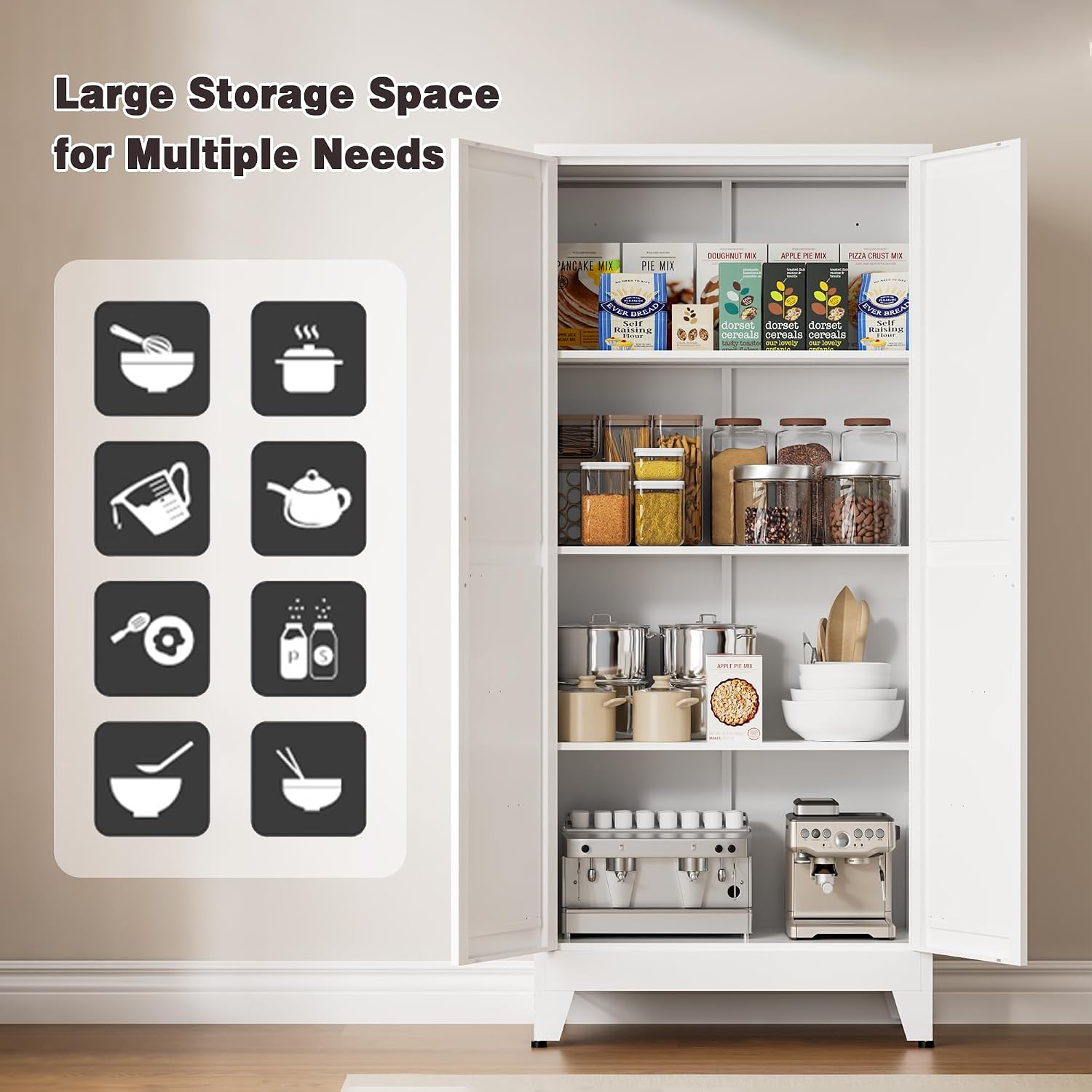 61' Tall Metal Pantry Cabinet, Kitchen Storage Cabinet with 2 Doors and 3 Adjustable Shelves for Kitchen, Living Room, Dining Room, Bathroom and Home, Office (White, 1PC)