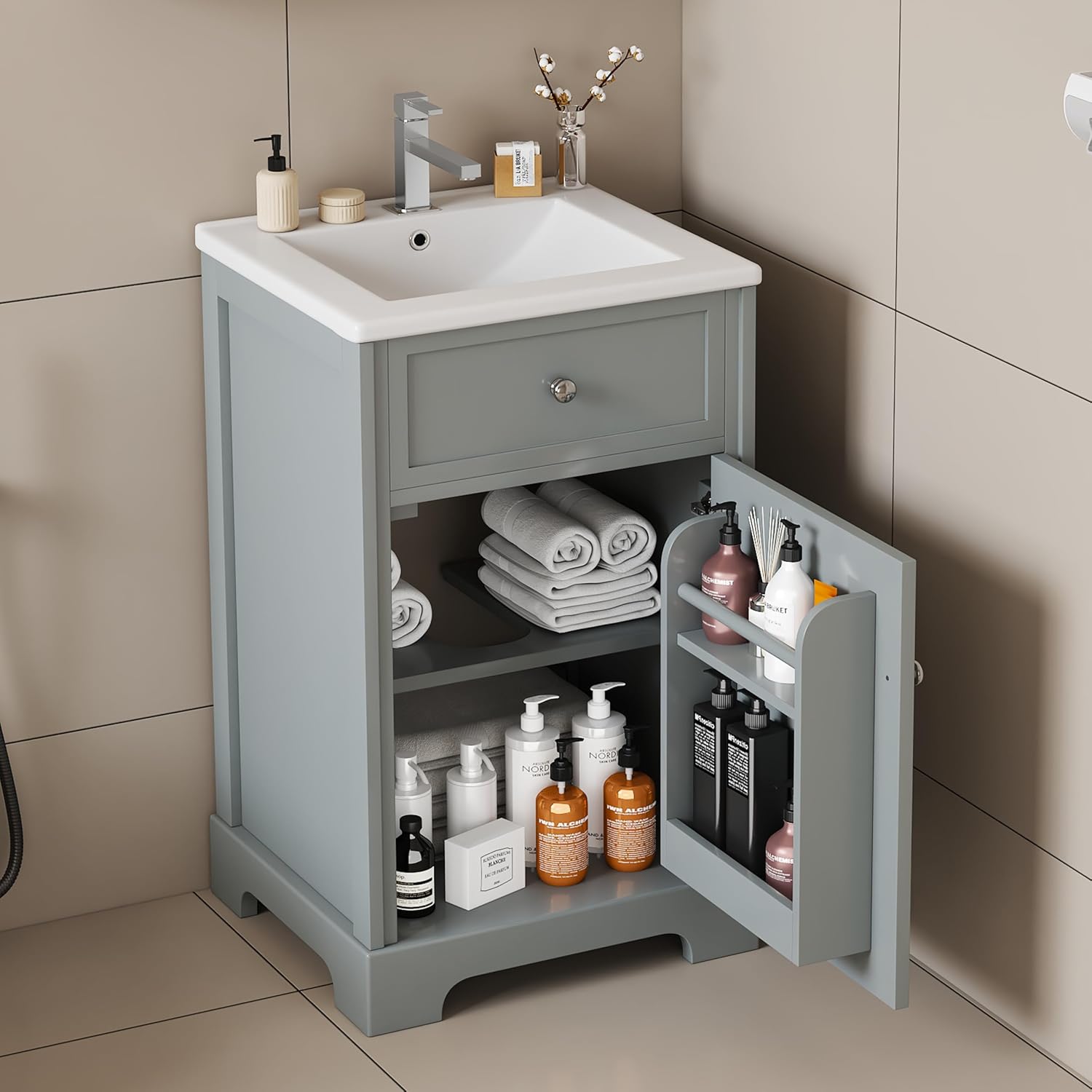 Flieks 20' Bathroom Vanity with Sink, Bathroom Cabinet with Soft Closing Door, Storage Rack and Adjustable Shelve, Grey