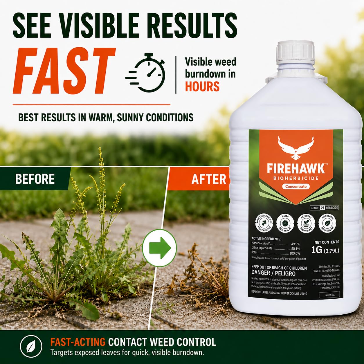 FireHawk® Bioherbicide Concentrate 1 Gal | Visible Results in Hours | for the Control of Broadleaf Weeds, Grasses & Mosses | Makes 20 Gallons of Spray Solution