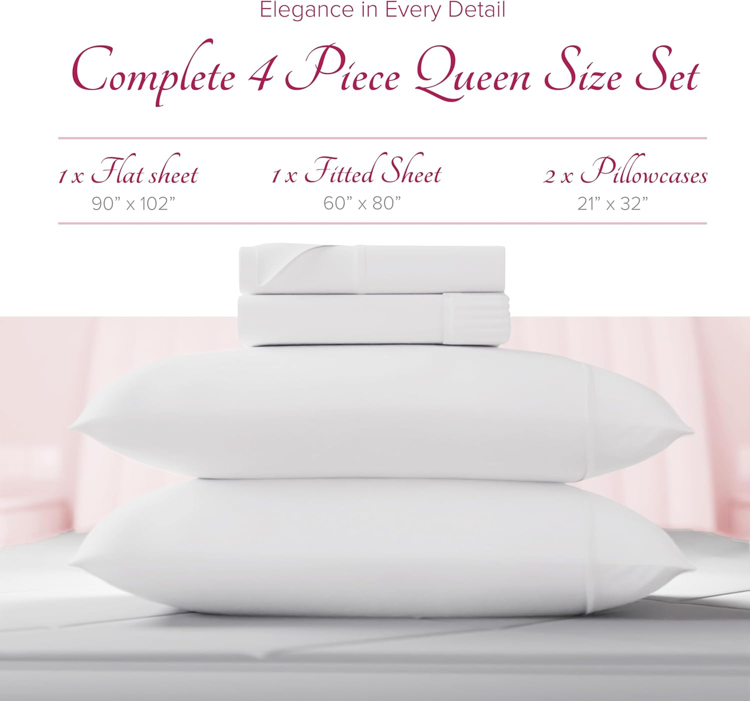 Carressa Linen 100% Egyptian Cotton Queen Sheet Set - Luxury 1200 Series Rose Collection Egyptian Cotton Sheets Queen Size (4 PC, White), Silky Soft, Cooling, Sateen 17' Deep Pocket Bed Set