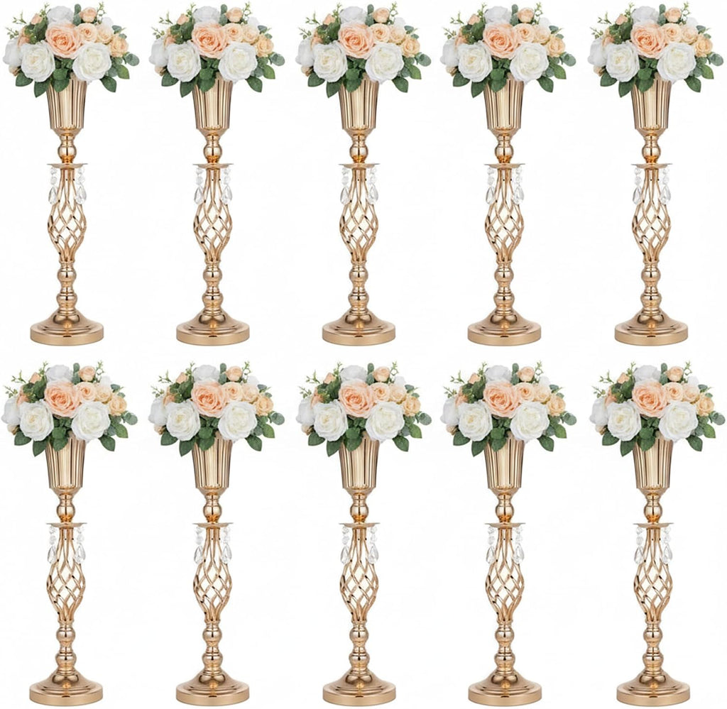 Pack of 10 Wedding Floral Vases for Centerpieces: Crystal Flower Centerpiece Vases for Reception Centerpieces Parties Events, 23.2 inches Versatile Flower Arrangement & Candle Holder Stands