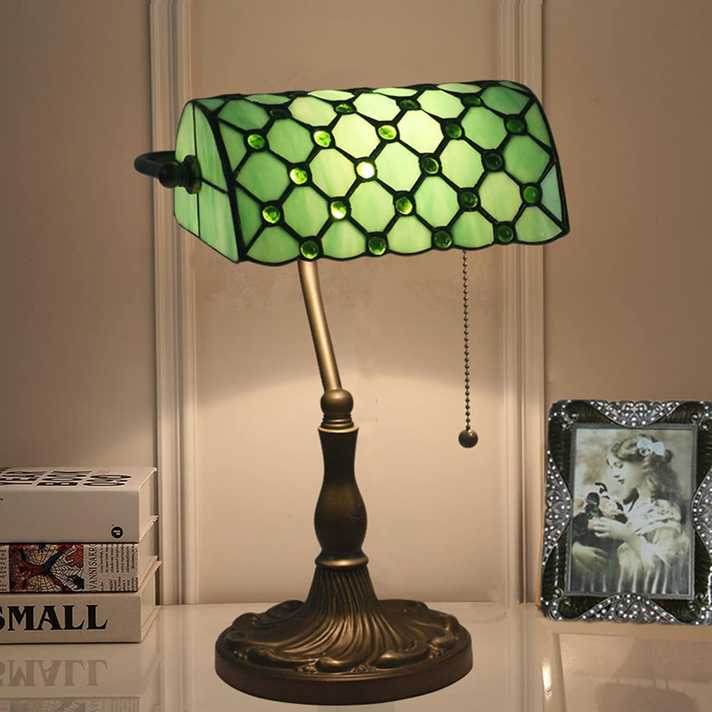 Tiffany Style Bankers Table Lamp Stained Glass Piano Desk Lamp Vintage Bedroom Bedside Lamp for Study,Antique Alloy Base,Zipper Switch,Green a