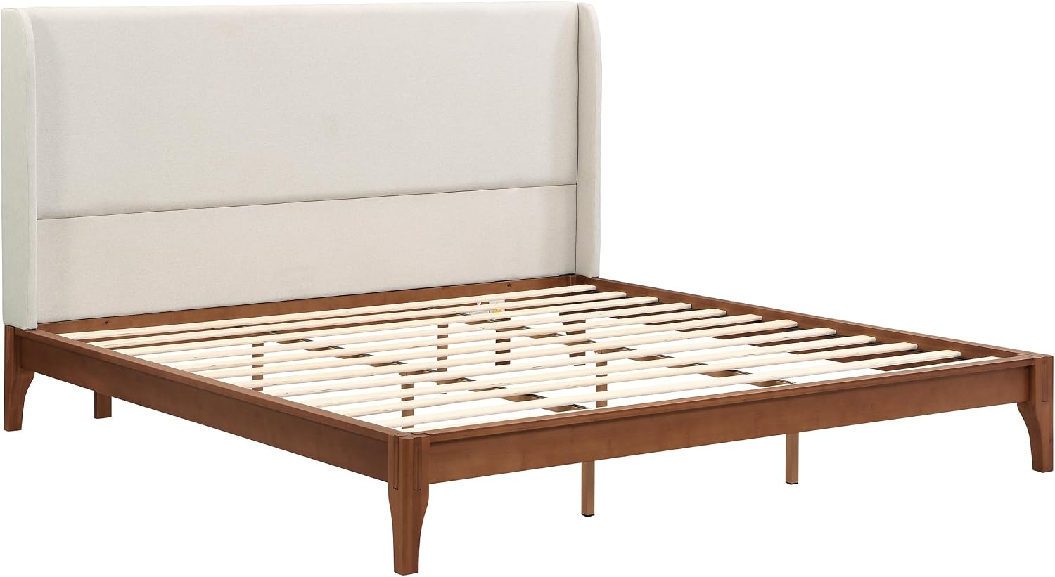 Merax King Size Bamboo Platform Bed, Mid-Century Bed Frame with Tall Upholstered Headboard, Wood Slat Support, No Box Spring Needed, Easy Tool-Free Assembly, Beige+Brown