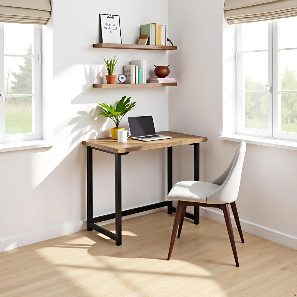 Pomona 32-Inch Compact Writing Desk with Solid Wood Top and Metal Frame – Rustic Industrial Style Small Home Office Desk with Durable Lacquer Finish and Floor Levelers by Alaterre Furniture (Natural)