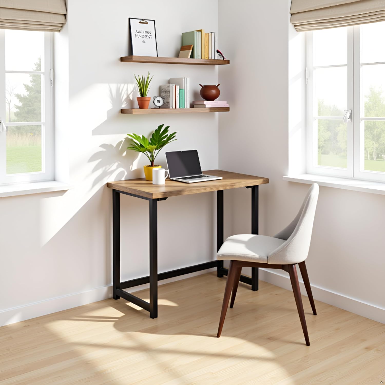 Pomona 32-Inch Compact Writing Desk with Solid Wood Top and Metal Frame – Rustic Industrial Style Small Home Office Desk with Durable Lacquer Finish and Floor Levelers by Alaterre Furniture (Natural)