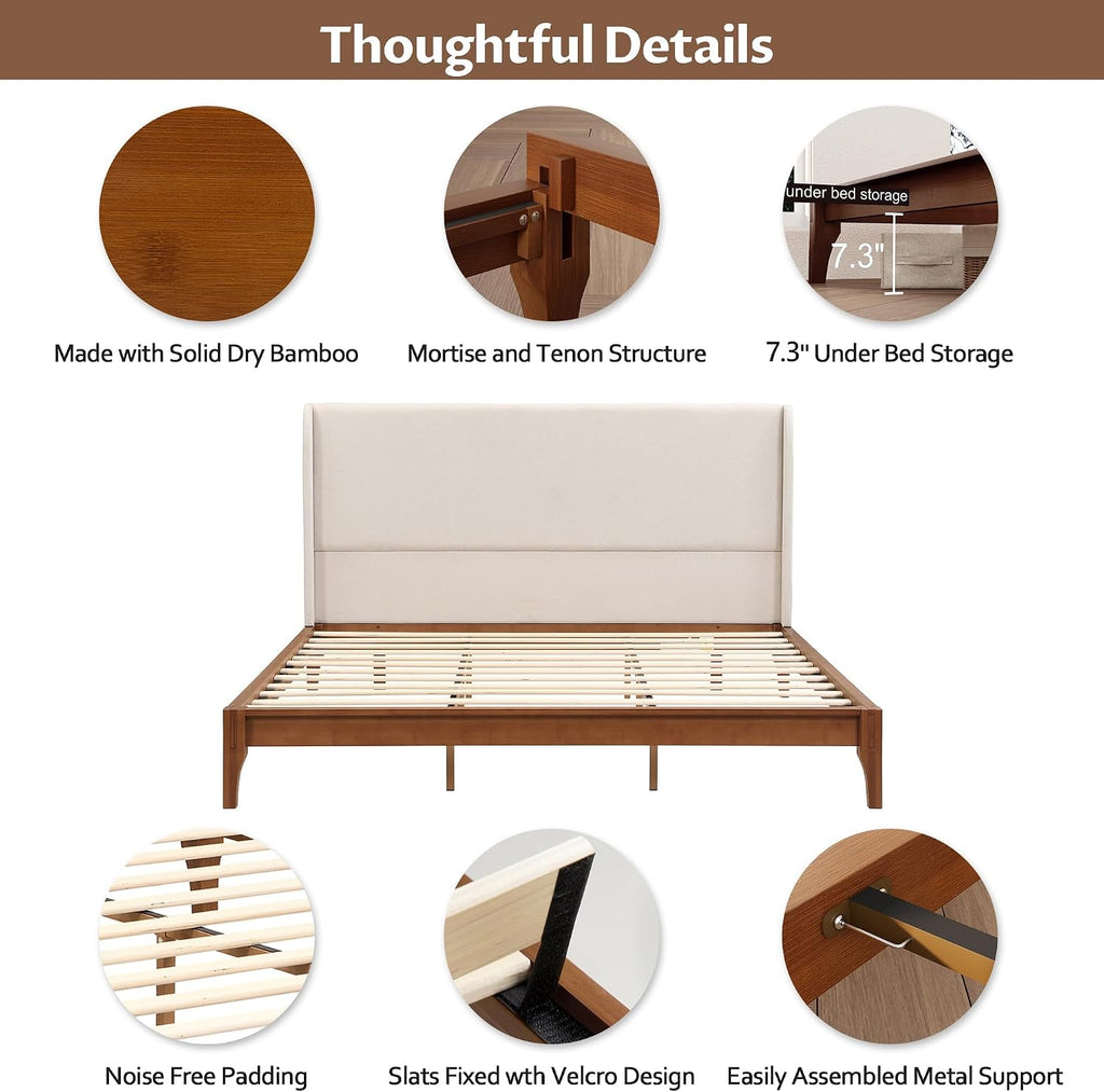Merax Queen Size Bamboo Platform Bed, Mid-Century Bed Frame with Tall Upholstered Headboard, Wood Slat Support, No Box Spring Needed, Easy Tool-Free Assembly, Beige+Brown