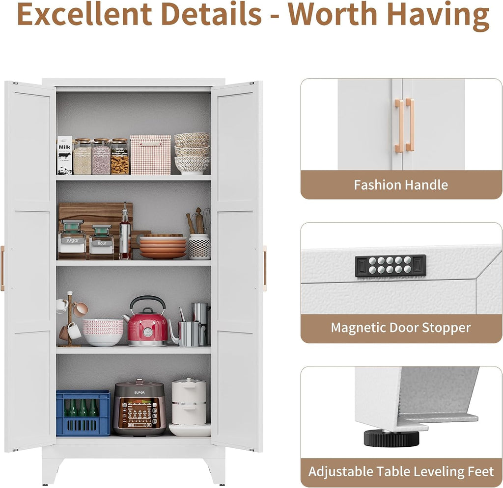 White Cabinet Metal Kitchen Pantry Storage Cabinet with Doors,61' Tall Food Storage Cabinets with Adjustable Shelves,Cupboard for Office,Dining Room and Bathroom