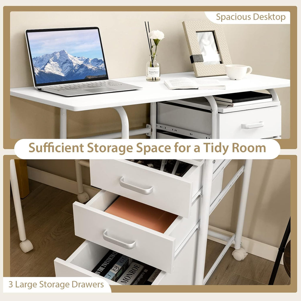 Tangkula White Folding Desk with 3 Drawers, Mobile Home Office Desk Study Writing Desk with Smooth Wheels, Space Saving Compact Table for Dorm Apartment, Rolling Couch Desk Table