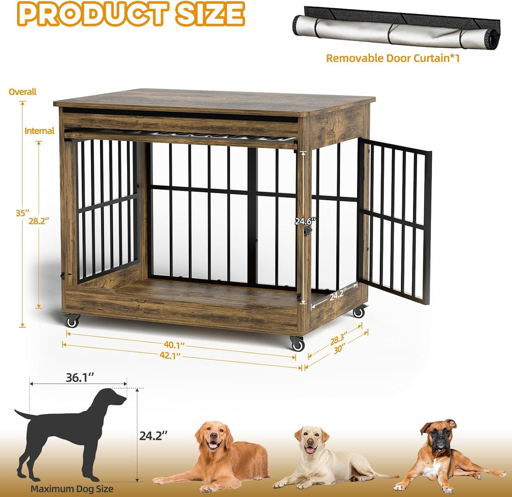 42' Large Dog Crate Furniture, Double Door Wooden Indoor Dog Kennel Furniture, Pet Cage Decorative with Wheels for Large Breed Dogs, Size XL, Rustic Brown