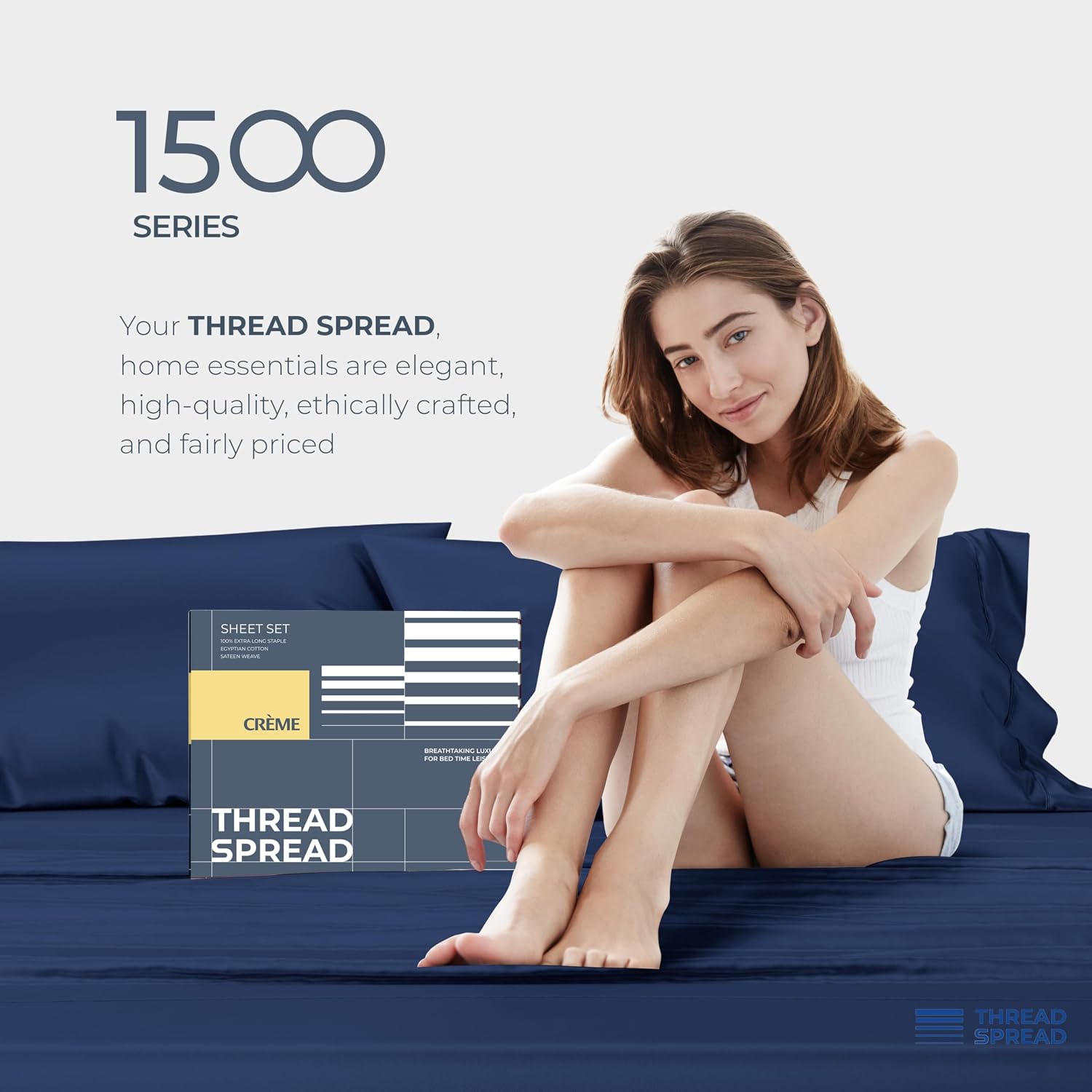 THREAD SPREAD 100% Egyptian Cotton King Size Sheets Set - Luxury 1500 Series Egyptian Cotton Sheets King Size (4 PC, Navy Blue), Silky Soft, Sateen Weave, Cooling & Breathable, 17' Deep Pocket Bed Set