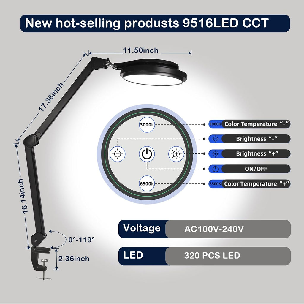 30W LED Desk Lamp with Clamp, 95+CRI, 5 CCT Modes & Dimmable, High CRI>95, Flexible Adjustable Task Light for Office, Makeup, Workbench, Crafts(Black)