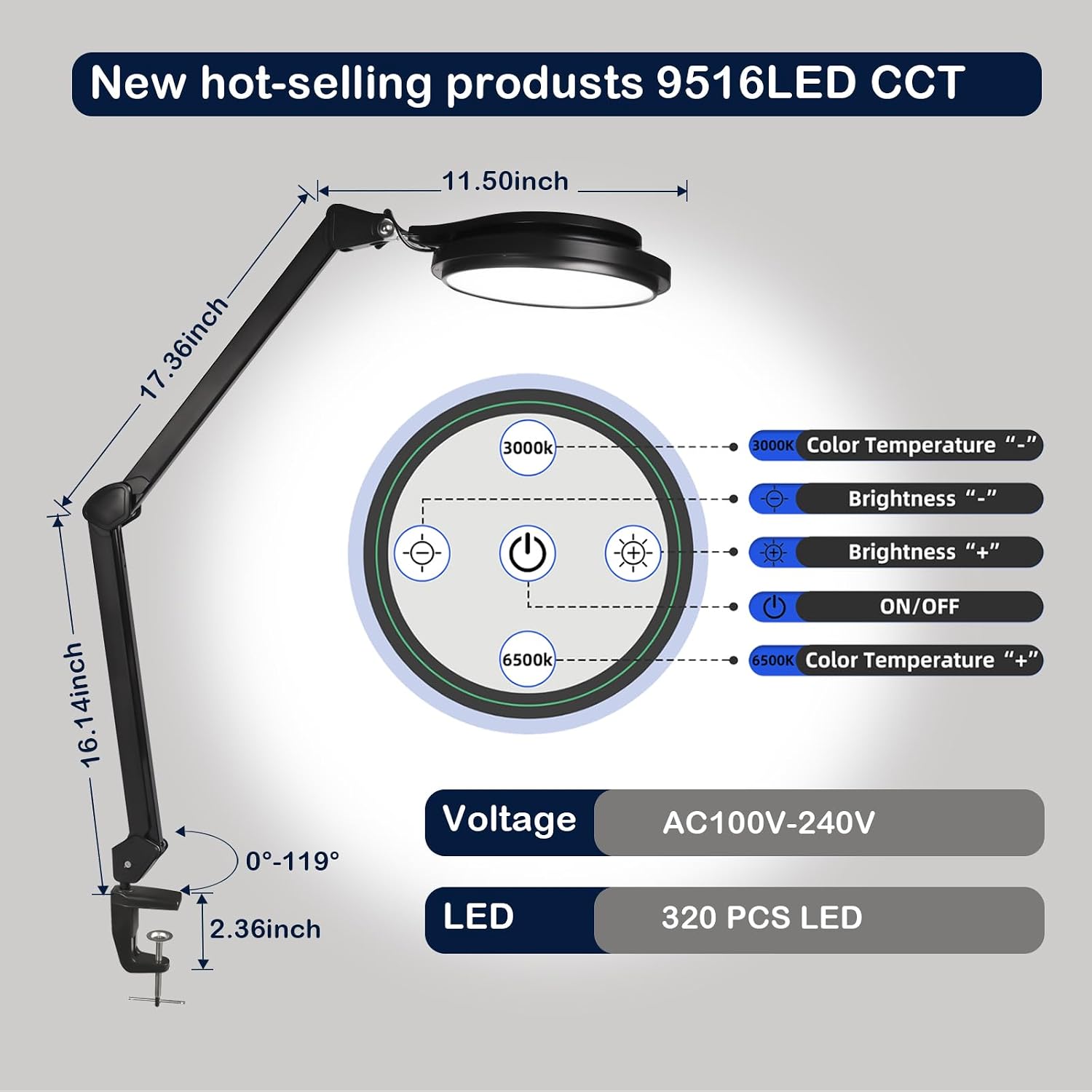 30W LED Desk Lamp with Clamp, 95+CRI, 5 CCT Modes & Dimmable, High CRI>95, Flexible Adjustable Task Light for Office, Makeup, Workbench, Crafts(Black)