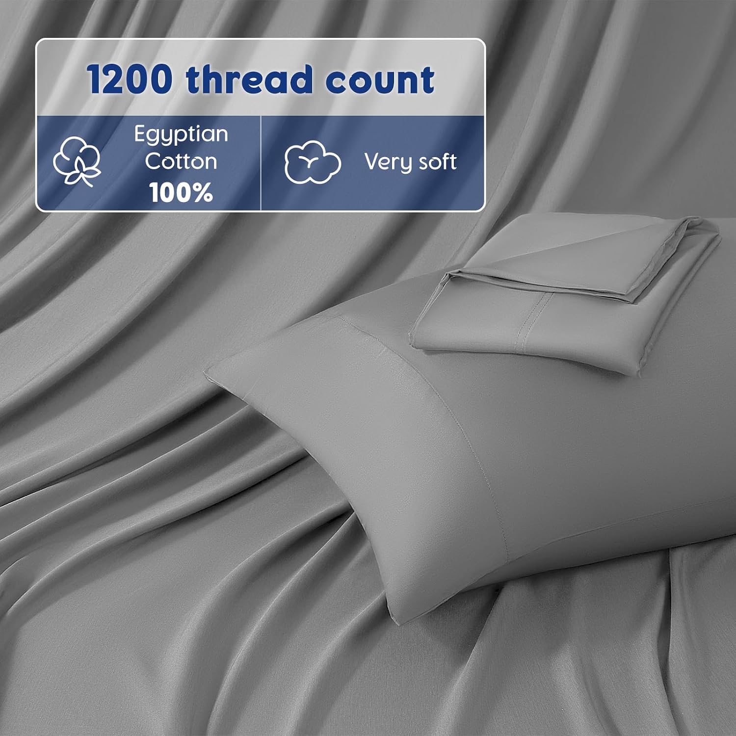 SONORO KATE 100% Egyptian Cotton Sheets - 1200 Thread Count, Luxury & Cooling Hotel Cotton Bed Sheets Set 4 Piece, Sateen Weave for Soft Feel, Fits Upto 16' Mattress (Grey, Full)