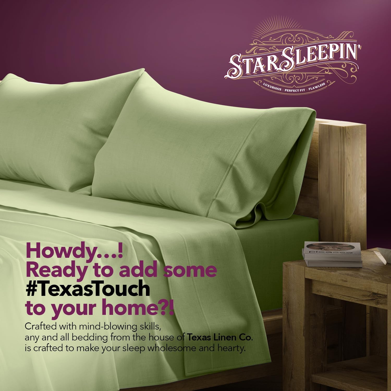 TEXAS LINEN CO. 100% Egyptian Cotton Queen Sheets Set - Luxury 1200 Series Star Sleepin' Collection Egyptian Cotton Sheets Queen Size (4 PC, Sage Green), 17' Deep Pocket, Cooling Sateen Hotel Bedding