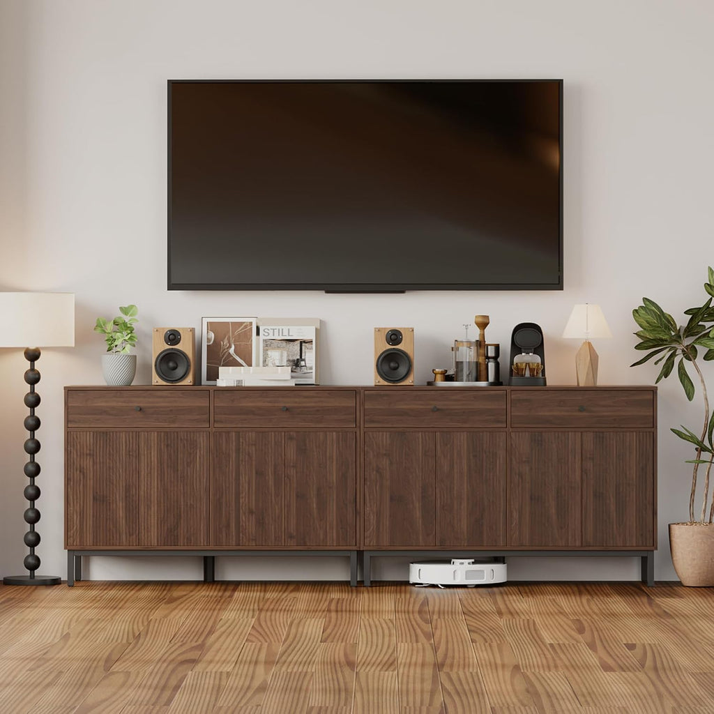 Mericonia Farmhouse Buffet Sideboard Cabinet with Storage, Fluted Coffee Bar with Doors and Adjustable Shelves, Modern Wood Console Cabinet with Drawers (4 Door, Walnut 2 Drawer)