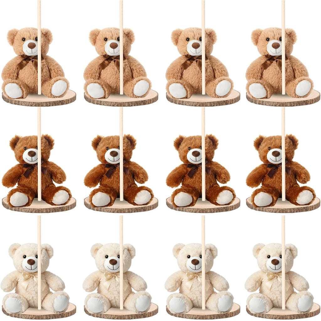Canlierr 12 Set Bear Centerpieces for Baby Shower Decor Includes Wooden 23-26in Bear Rounds Circles Slices with Stick DIY Craft Birthday Wedding Gender Party Table Decorations, 3 Colors