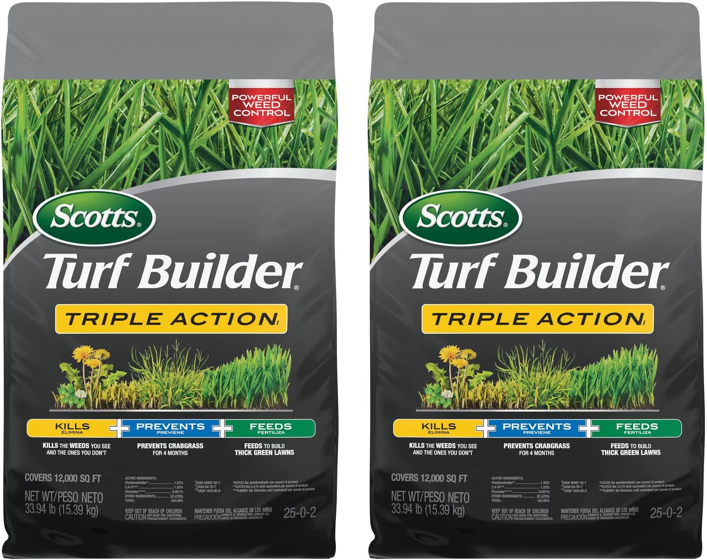 Scotts Turf Builder Triple Action1 - Weed Control, Lawn Weed Killer, Crabgrass Preventer, and Grass Fertilizer for Lawns, Covers 12,000 sq. ft., 33.94 lb. (2-Pack)