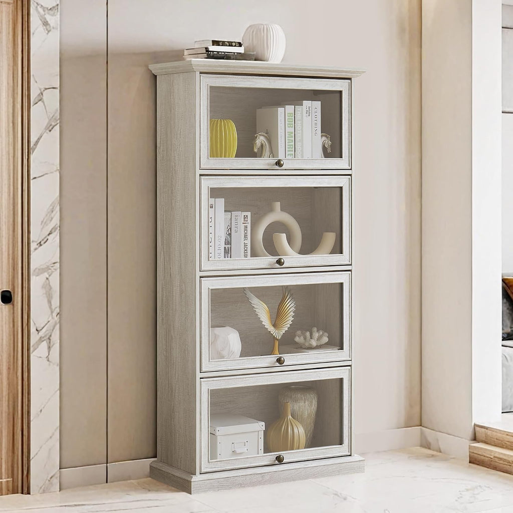 White Display Curio Cabinet with Glass Doors,White Showcase Display Cabinet,Shelves with Flip-Up Glass Doors,Farmhouse Barrister Bookcase