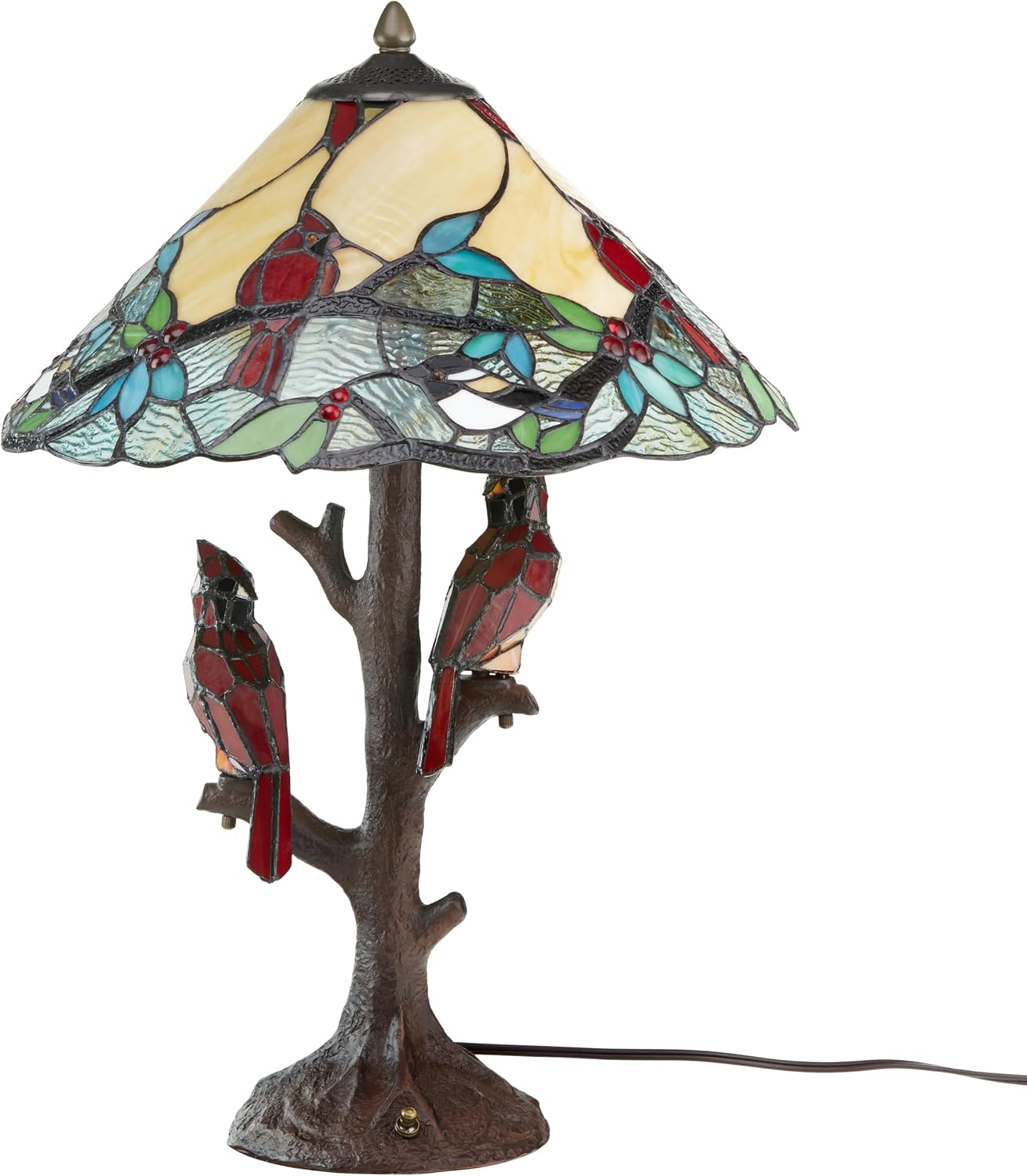 RIVER OF GOODS - Stained Glass Triple Lit Cardinals on Tree Table Lamp - 23.75' in - Table Lamp for Bedroom - Bedside Lamp - Desk Lamps for Home Office - Tiffany Style - Multi Color
