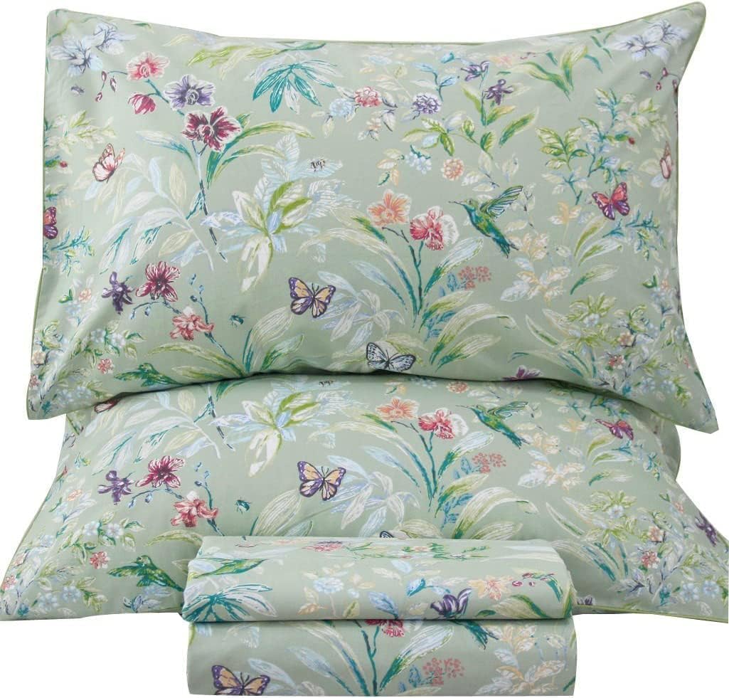 QSH 100% Cotton Sheets for Split King Size Bed, Pattern Botanical Luxury Cotton Printed Floral Bedding Sheets Soft and Breathable 5pcs Deep Pocket Queen Sheet Set