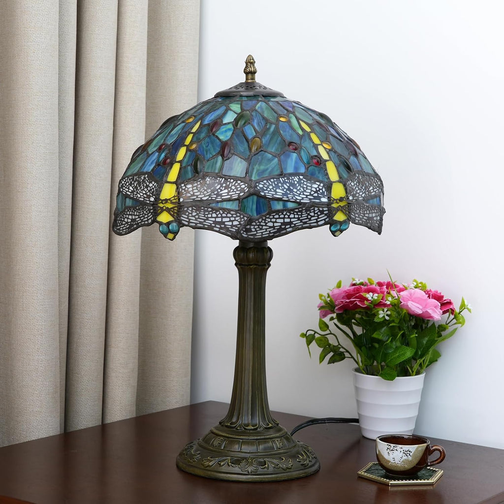 Tiffany Lamp Dragonfly Style Green Stained Glass Lamp Bedroom Table Lamp Reading Desk Light for Bedside Living Room Office Dormitory Dining Room Decorate Gift