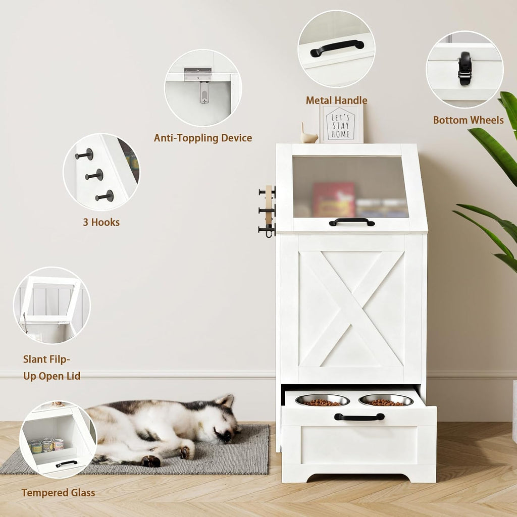 Dog Feeding Station,Dog Food Storage Cabinet,Pet Feeding Station with 2 Elevated Bowls,Hidden Pet Feeder Station with Hooks,Flip Top Pet Storage Organizer for Water,Feeding (White)