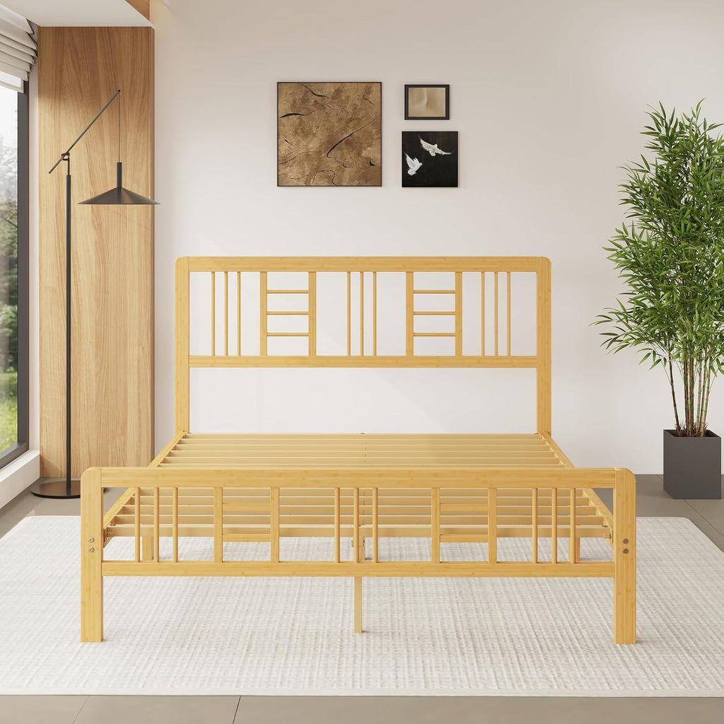 12 Inch Bamboo Wood Queen Size Platform Bed Frame with Headboard and Footboard, Metal Slat Support Bed Frame Queen Size Heavy Duty, No Box Spring Needed, Easy Assembly, Noise Free, Reinforced