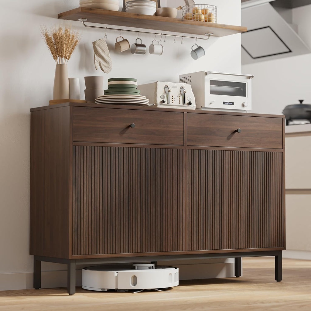 Mericonia Farmhouse Buffet Sideboard Cabinet with Storage, Fluted Coffee Bar with Doors and Adjustable Shelves, Modern Wood Console Cabinet with Drawers (4 Door, Walnut 2 Drawer)