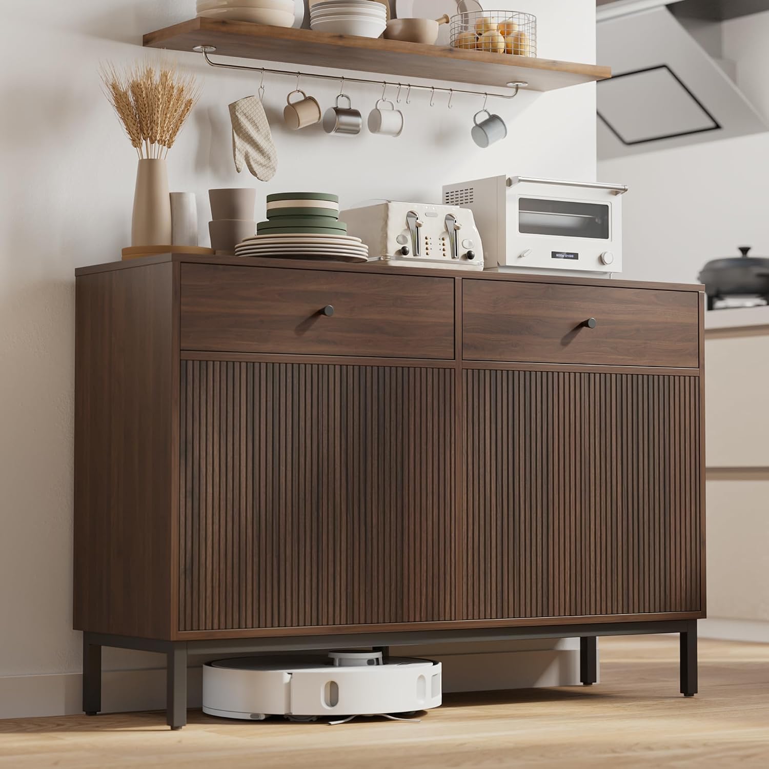 Mericonia Farmhouse Buffet Sideboard Cabinet with Storage, Fluted Coffee Bar with Doors and Adjustable Shelves, Modern Wood Console Cabinet with Drawers (4 Door, Walnut 2 Drawer)