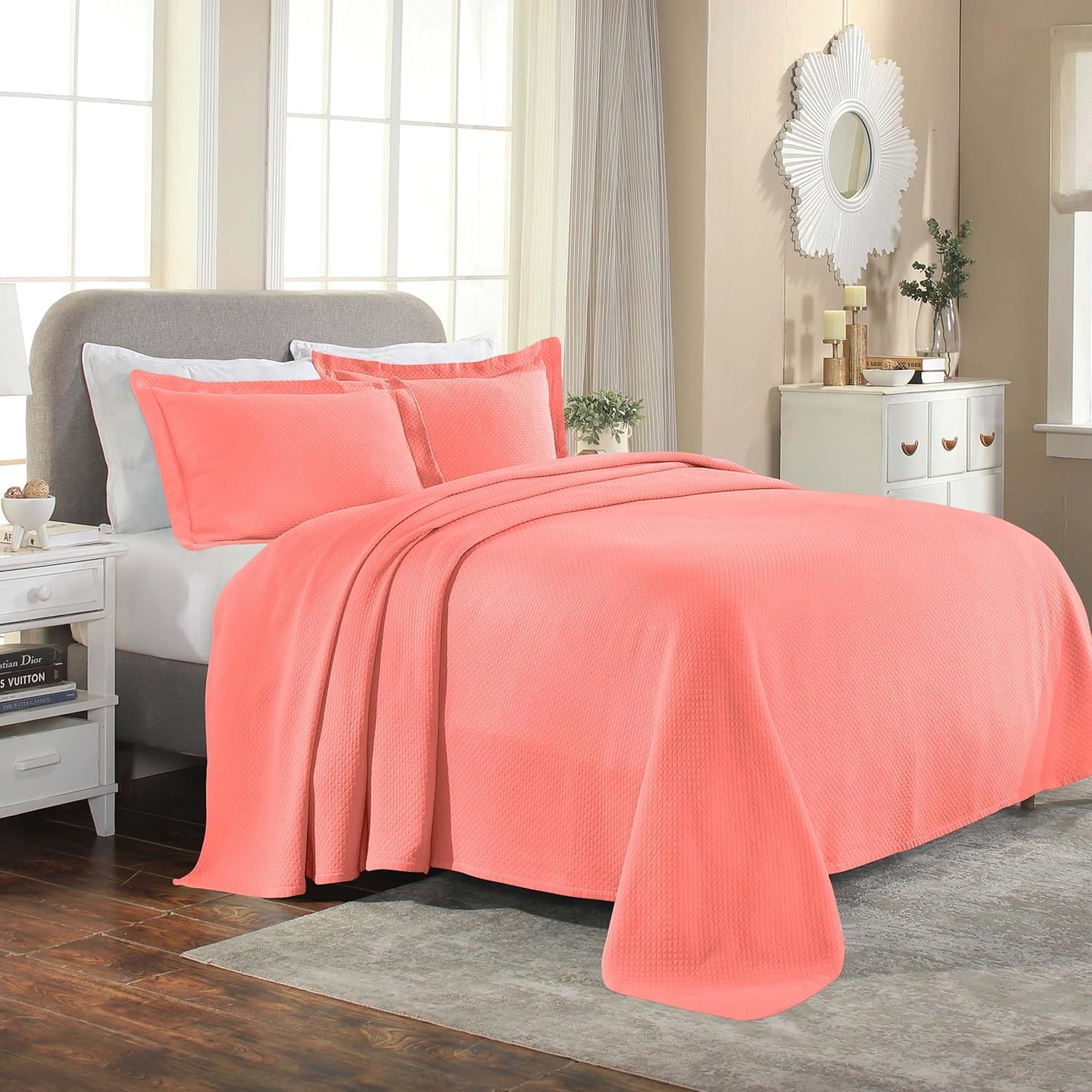 Superior Solitaire Cotton 3 Piece Bedspread Set, Home Bed Decor, Decorative Textured Bed Spread, 2 Pillow Shams, Airy Blanket, Matelasse Coverlet Bedding, All-Season Accent Blanket, Queen, Coral