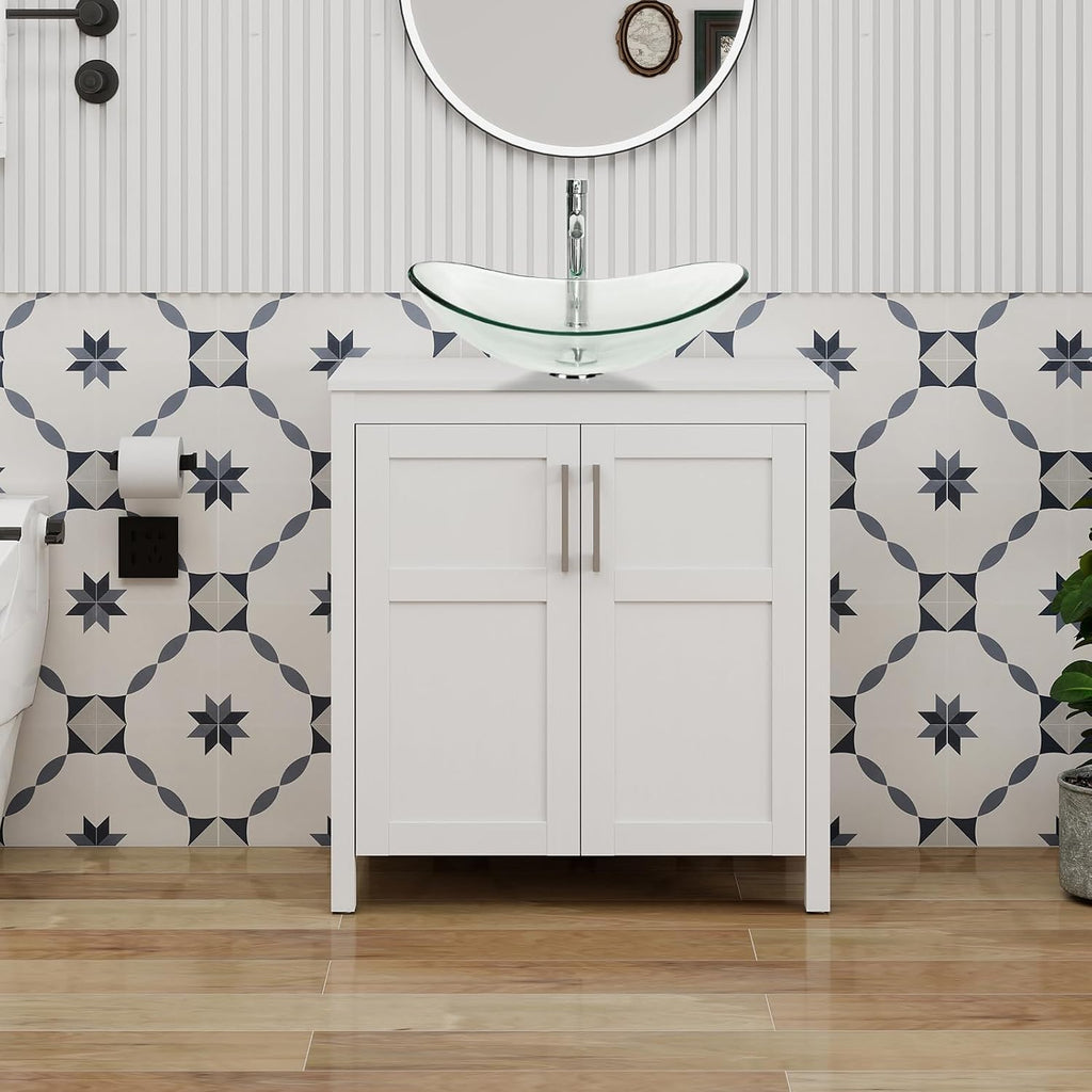 YOURLITE 30 Inches Traditional Bathroom Vanity Set with Single Faucet Hole, Clear Boat Glass Sink, White Finish, 2-Door Cabinet