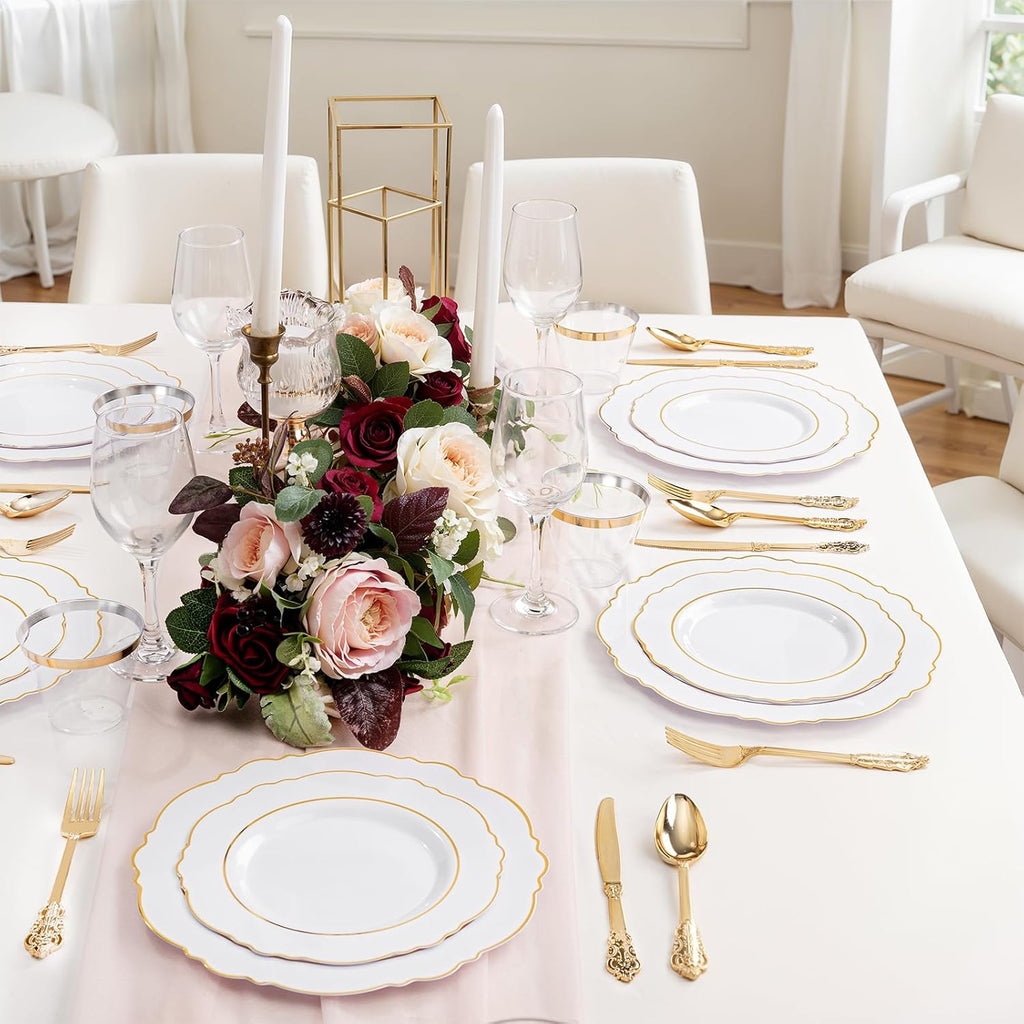 Liacere 700PCS Gold Plastic Plates - Baroque Dinnerware Sets for 100 Guests - 200 Disposable Plates（10inch，7inch）, 300 Gold Plastic Silverware, 100 Cups, 100 Napkins for Wedding & Easter Day