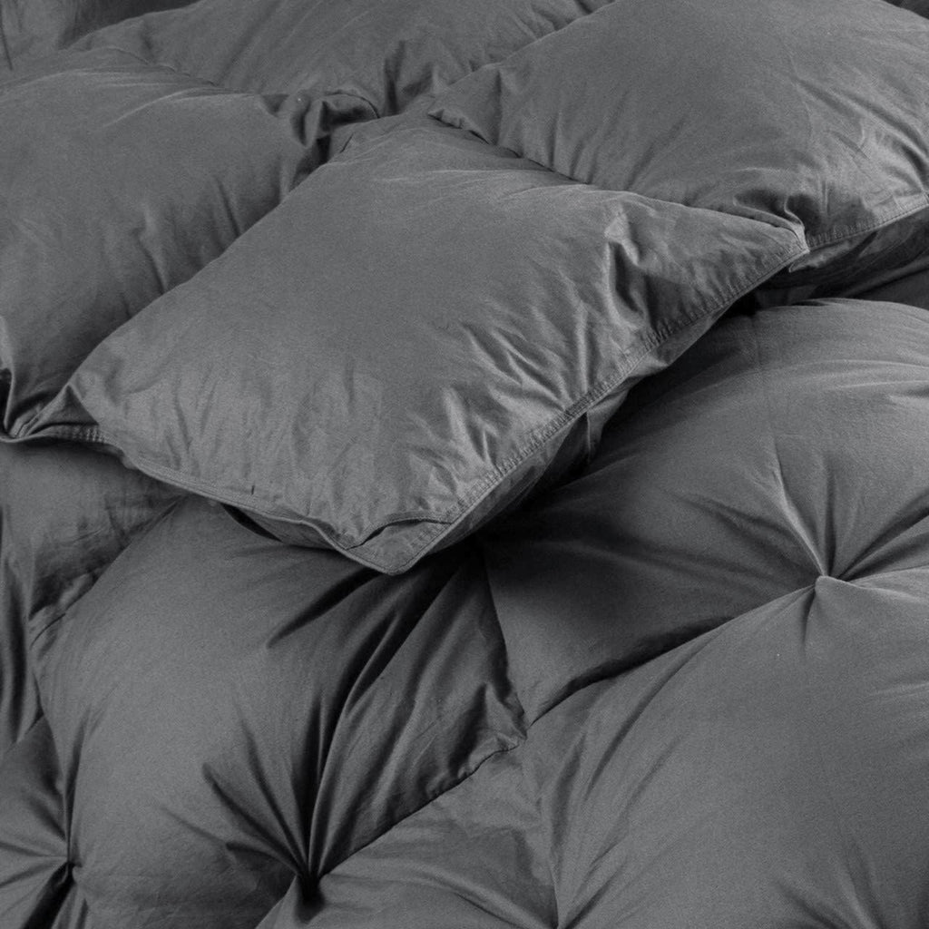 Luxurious Oversized Queen Size Goose Down Fiber Waterfowl Feather Fiber Comforter Duvet Insert, Ultra-Soft 100% Cotton Cover, 65 oz. Fill Weight, All-Season Pinch Pleat Ruffled Gray Comforter