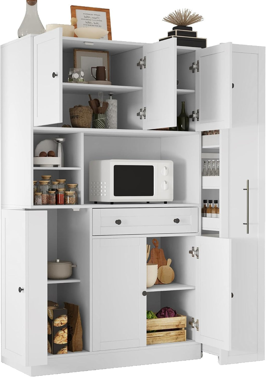 Modern 70inch Kitchen Pantry Storage Cabinet Cupboard with Hutch, Freestanding Buffet with Pull-Out Side Cabinet and Drawer for Living Room, Kitchen (White-99a)