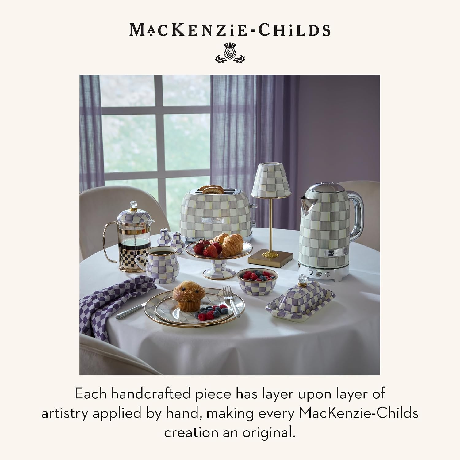 MACKENZIE-CHILDS LED Rechargeable Cafe Table Lamp, Cordless Decorative Lamp, Purple-and-White Violet Check