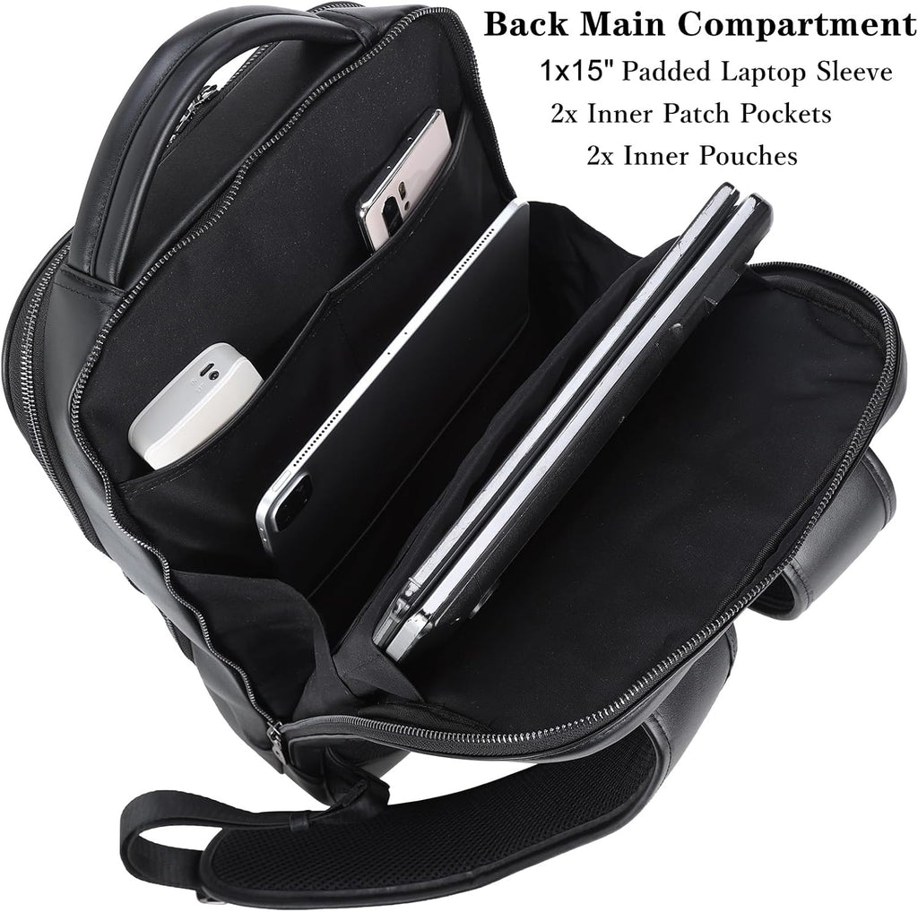 Masa Kawa Slim Leather 15' Laptop Backpack for Women Men Small Business Travel Office Work Computer Rucksack Bag Executive Casual Daypack, Black