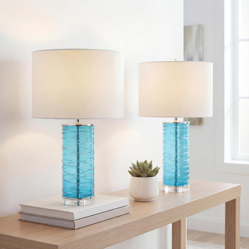 JONATHAN Y 27.5' Turquoise Modern Fused Glass Table Lamp Set of 2 for Bedroom Living Room, Coastal Nightstand Bedside Lamp with White Linen Shade, LED Bulbs Included JYL4016A-SET2