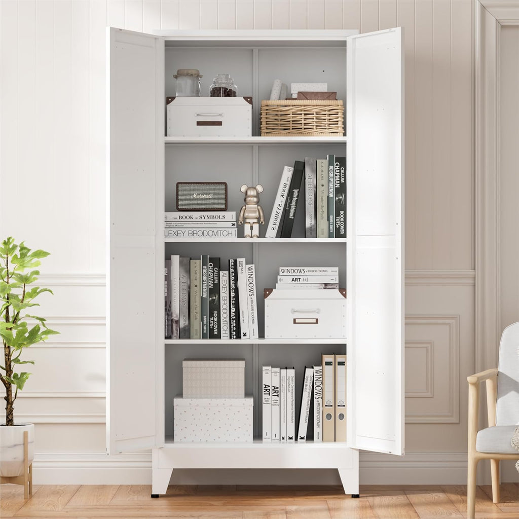 Metal Kitchen Pantry Cabinet, 61' White Farmhouse Storage Cabinet with 2 Vintage Barn Doors and 3 Adjustable Shelves, Rustic Freestanding Cupboard for Kitchen,Home Office Living Room,Dining Room