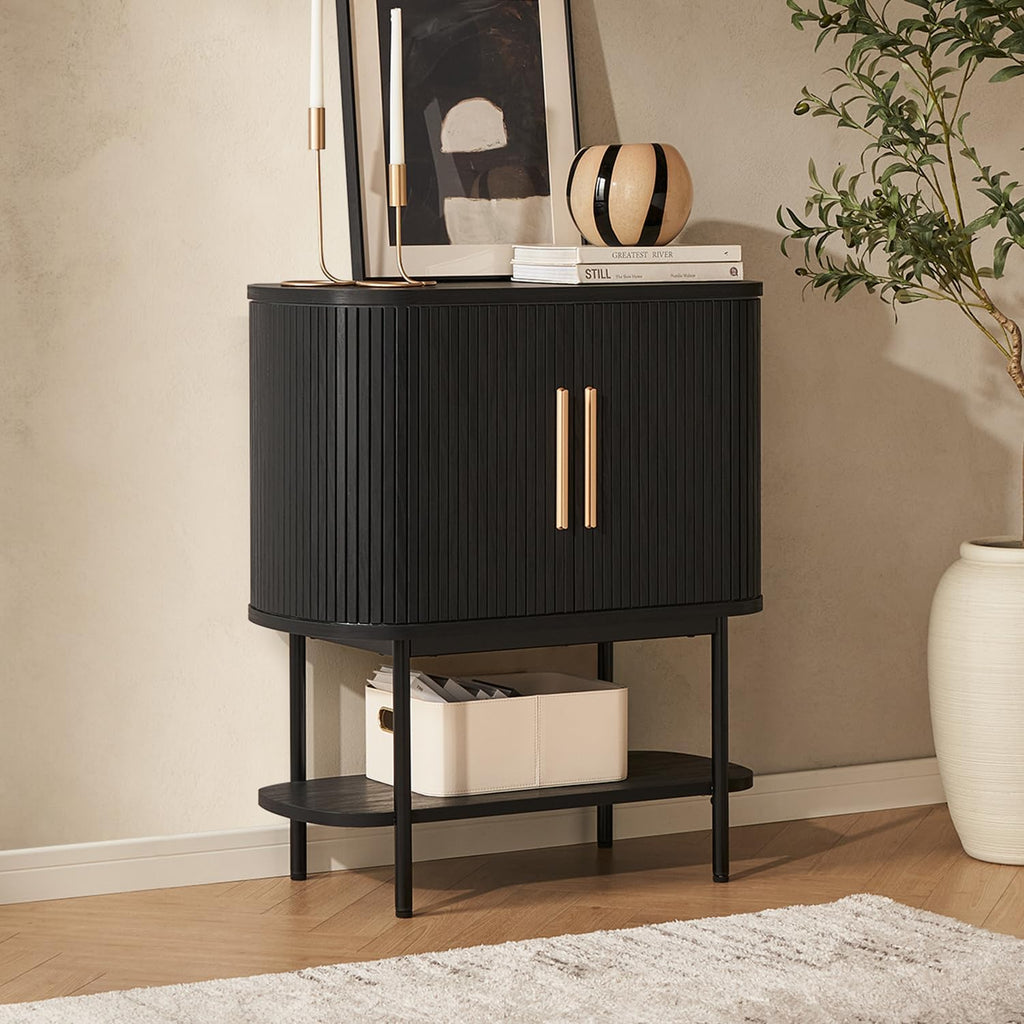 mopio Quin Storage Cabinet, Tambour Fluted Entryway Accent Sofa Tables, Buffet Sideboard with Doors & Shelves, Pantry Coffee Wine Bar Cabinet, Wood Console Table, Mid Century Modern (Black)