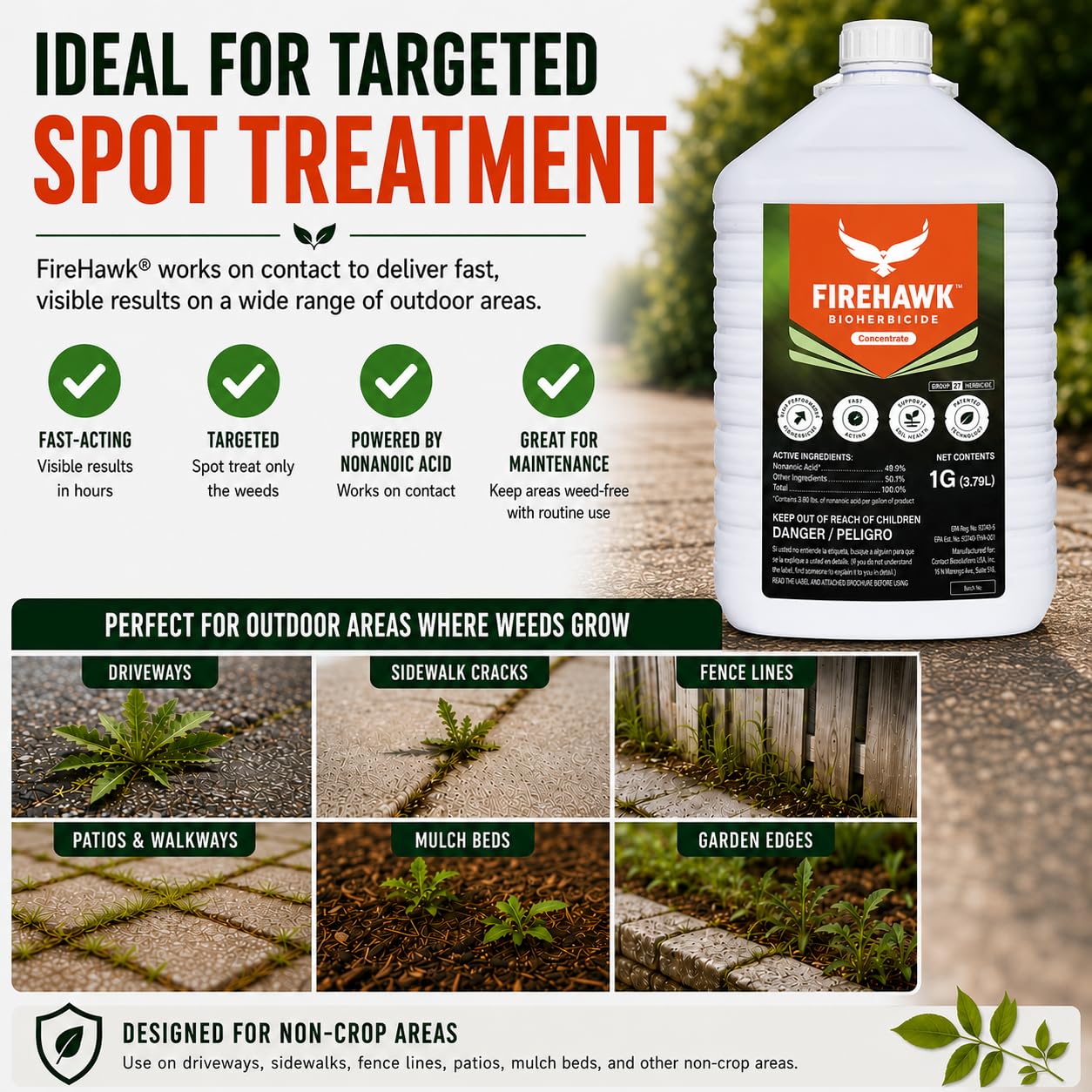 FireHawk® Bioherbicide Concentrate 1 Gal | Visible Results in Hours | for the Control of Broadleaf Weeds, Grasses & Mosses | Makes 20 Gallons of Spray Solution