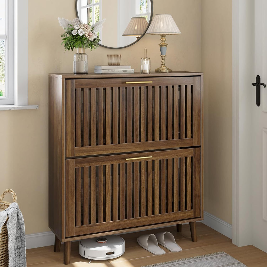 Smart FENDEE 31.5' W Shoe Cabinet Storage for Entryway with 2 Flip Drawers, Shoe Cabinet with Slatted Panel, Hidden Shoe Rack Freestanding Slim Shoes Organizer for Hallway, Entrance, Walnut