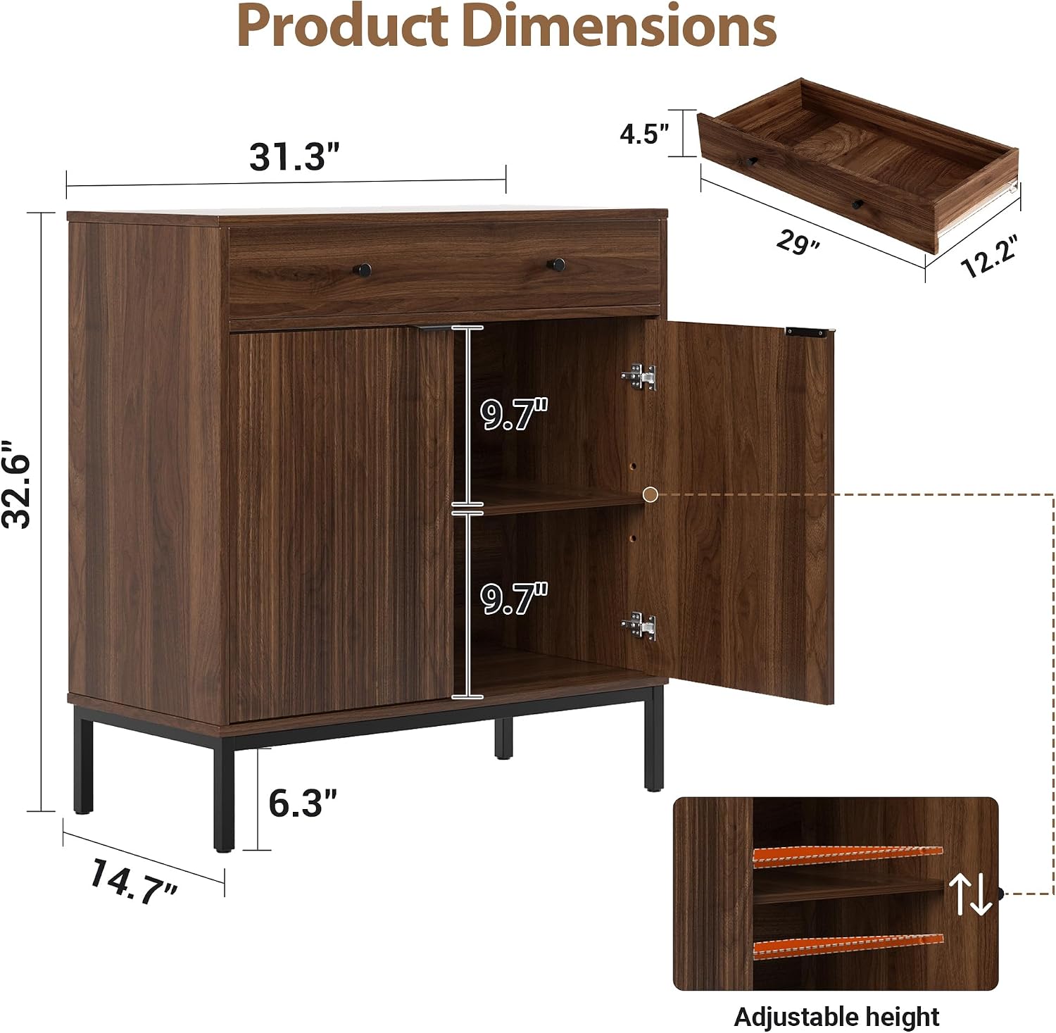Mericonia Farmhouse Buffet Sideboard Cabinet with Storage, Fluted Coffee Bar with Doors and Adjustable Shelves, Modern Wood Console Cabinet for Kitchen, Livingroom (Fluted 2 Door, Walnut)