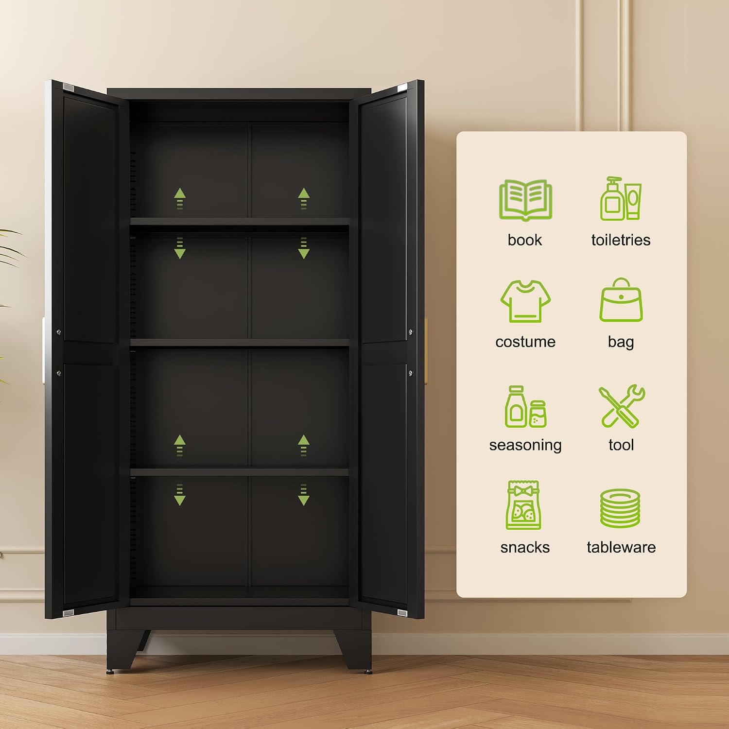 61' Tall Farmhouse Metal Pantry Cabinet, Kitchen Pantry Storage Cabinets with 2 Barn Door and Adjustable Shelves,Metal Pantry Storage Cabinet,for Kitchen,Laundry Room,Home Office,Kids Room (Black)