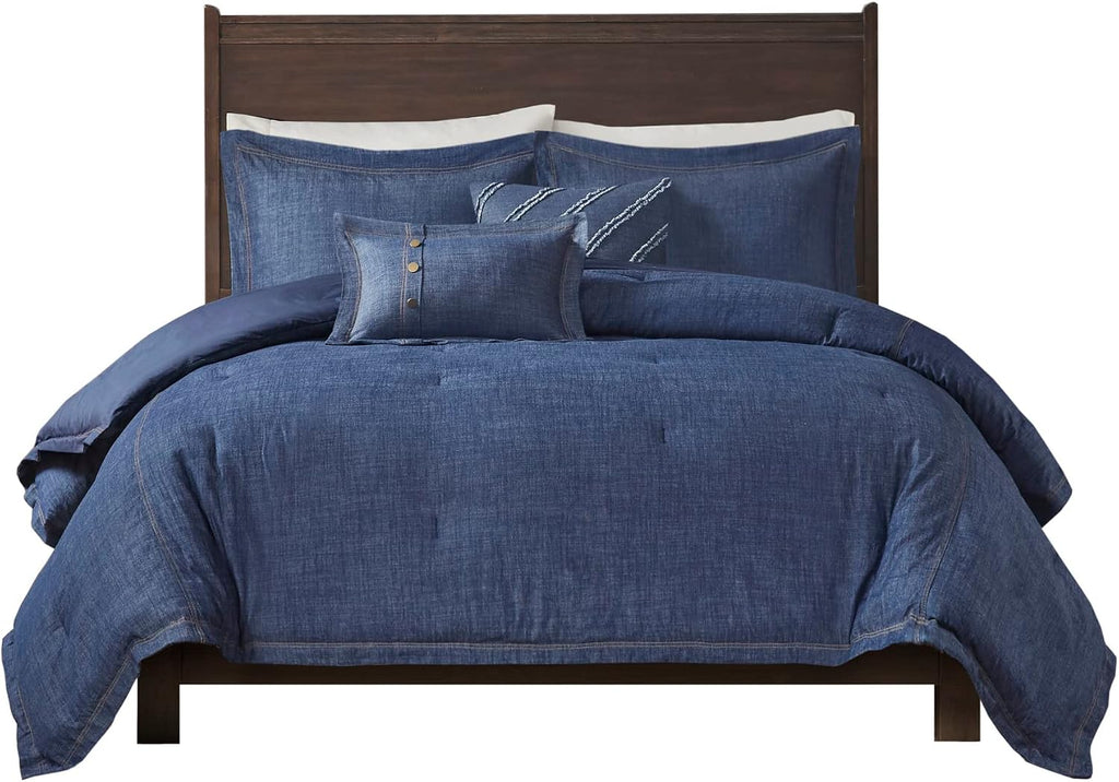 Woolrich Rustic Lodge Cabin Comforter Set - All Season Down Alternative Warm Bedding Layer and Matching Shams, Oversized Full, Perry, Denim Blue